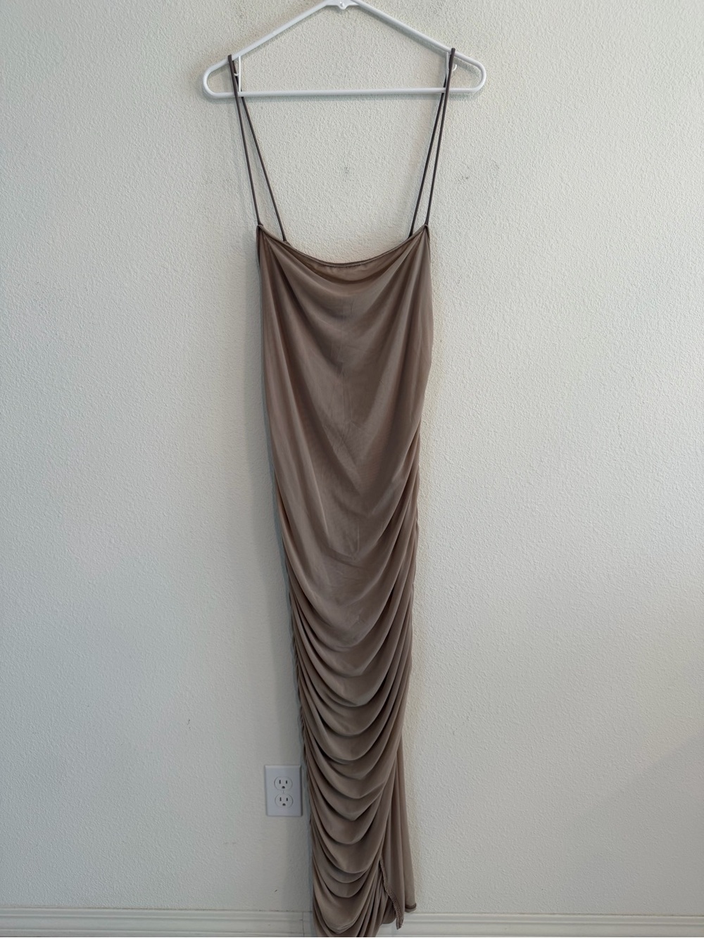 Ruched Taupe Maxi Slip Dress with Spaghetti Straps